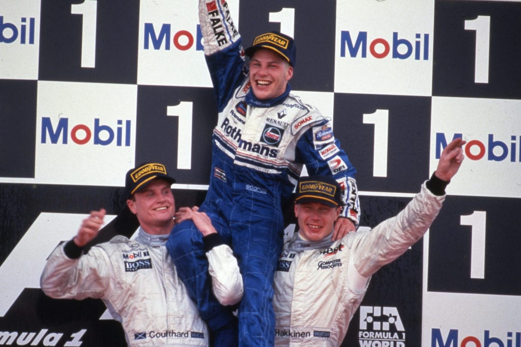 Villeneuve won the title in 1997, pictured here with David Coulthard, Mika Hakkinen © XPB Images
