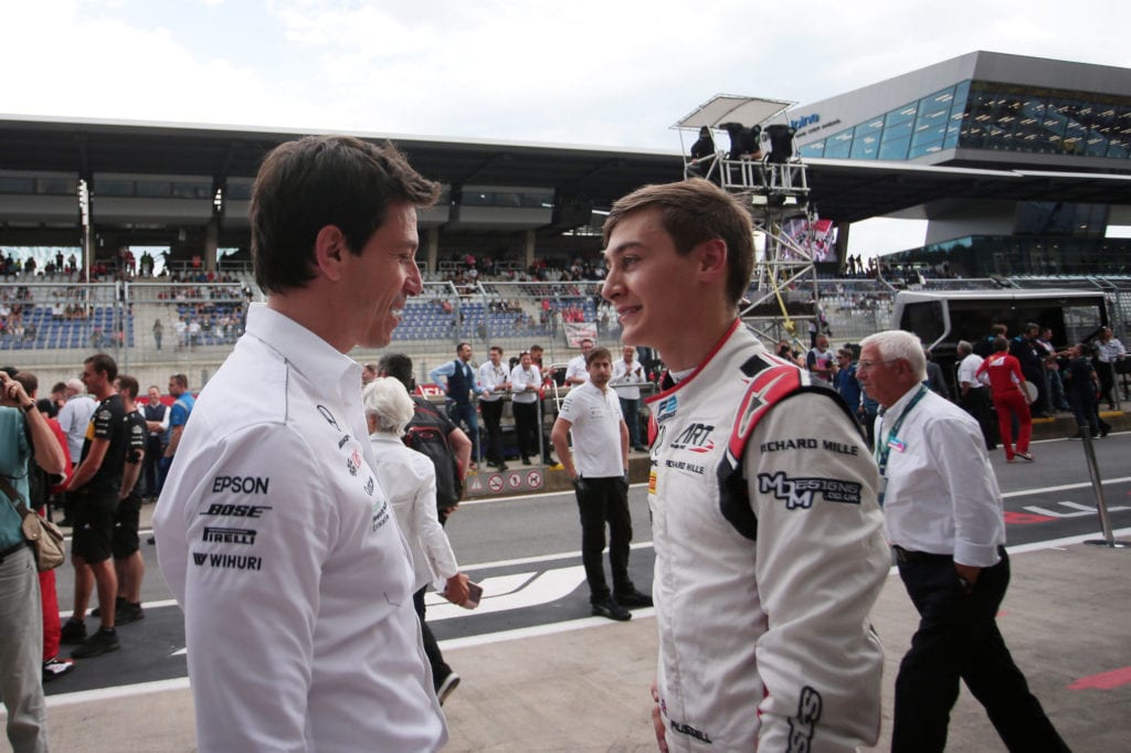 Toto Wolff and George Russell at FIA Formula 2 Championship in Austria 2018 © XPB Images