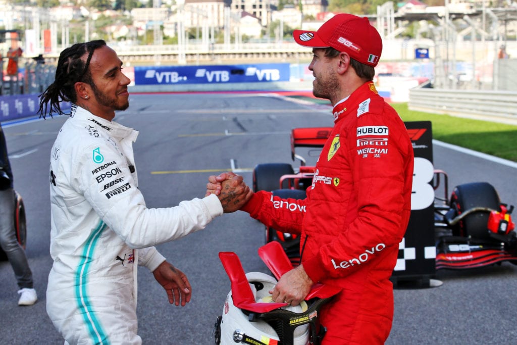 Lewis Hamilton with Sebastian Vettel at the 2019 Russian Grand Prix © XPB Images