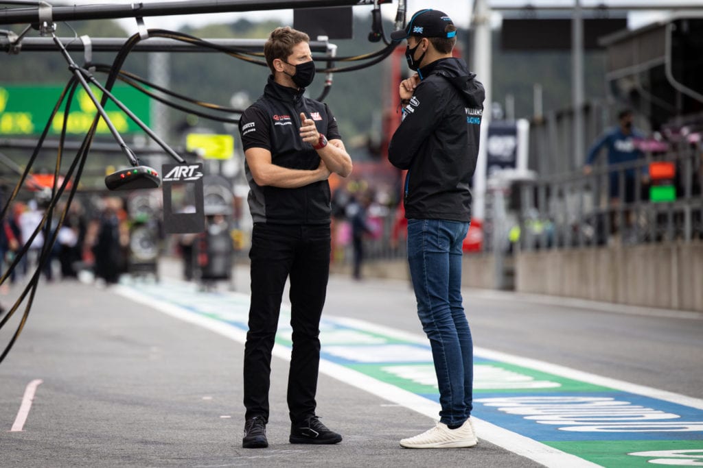 Romain Grosjean with George Russell at the 2020 Belgian Grand Prix © XPB Images