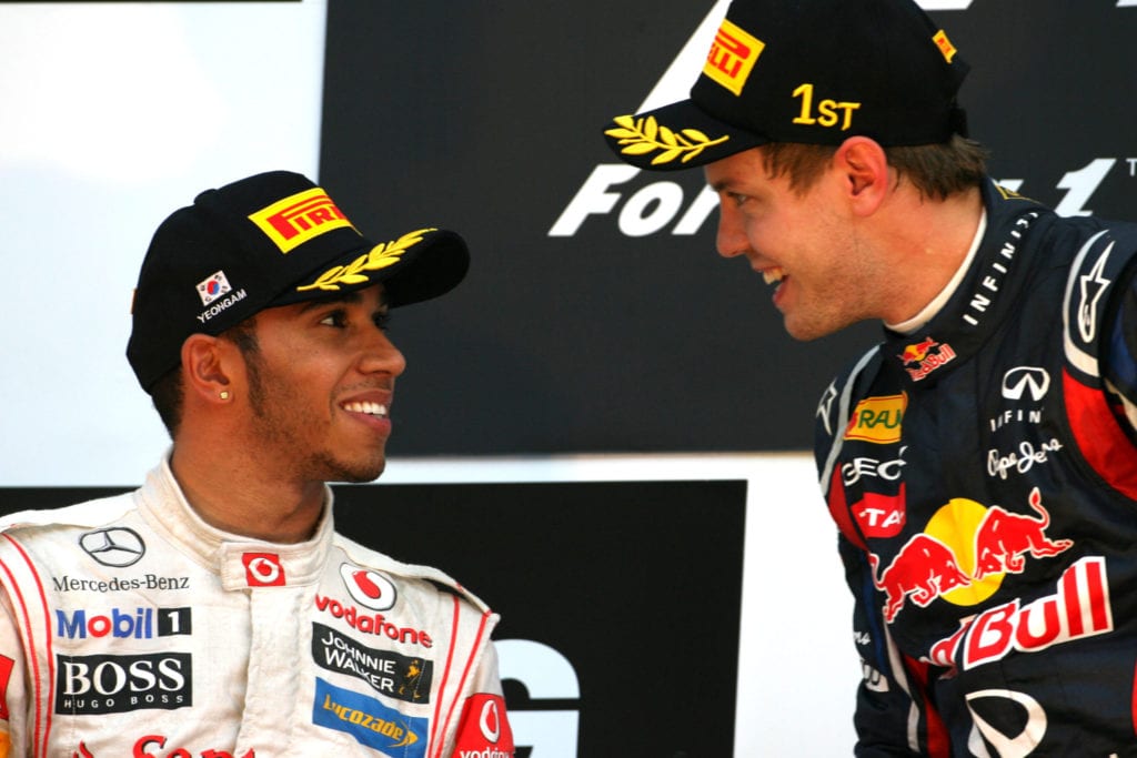 Lewis Hamilton and Sebastian Vettel on the podium at the Korean Grand Prix © XPB Images
