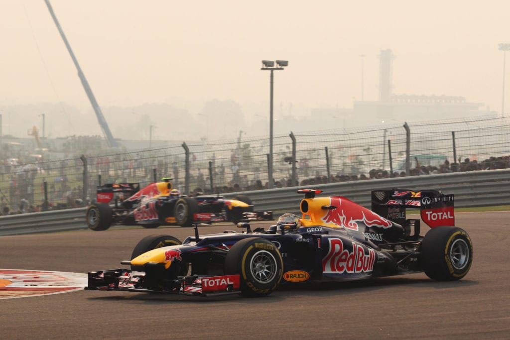 Sebastian Vettel leads teammate Mark Webber at the 2012 Indian Grand Prix © XPB Images