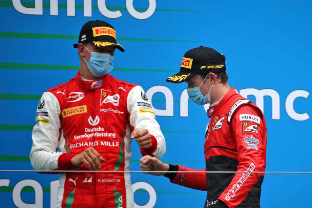 Mick Schumacher with Callum Ilott on the podium at Hungary © XPB Images