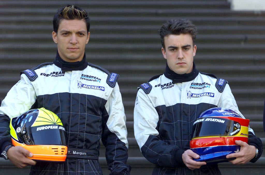 Fernando Alonso (R) pictured with his Minardi teammate Tarso Marques before his 2001 F1 debut © XPB Images