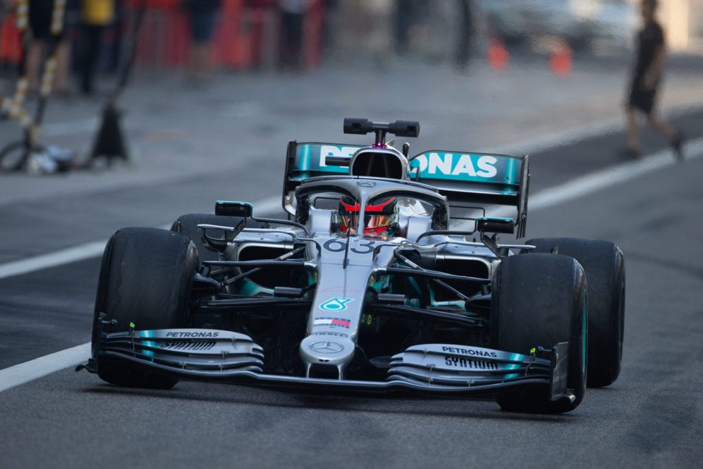 George Russell driving the Mercedes AMG F1 W10 at the 2019 Abu Dhabi Test © XPB Images