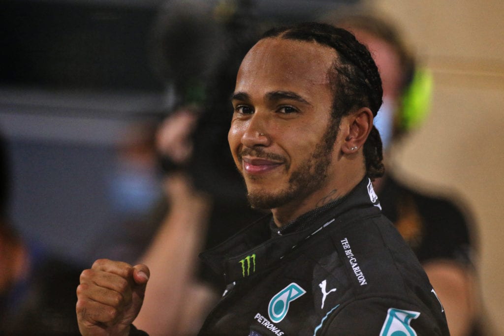 Lewis Hamilton celebrates in parc ferme after the Bahrain Grand Prix © XPB Images