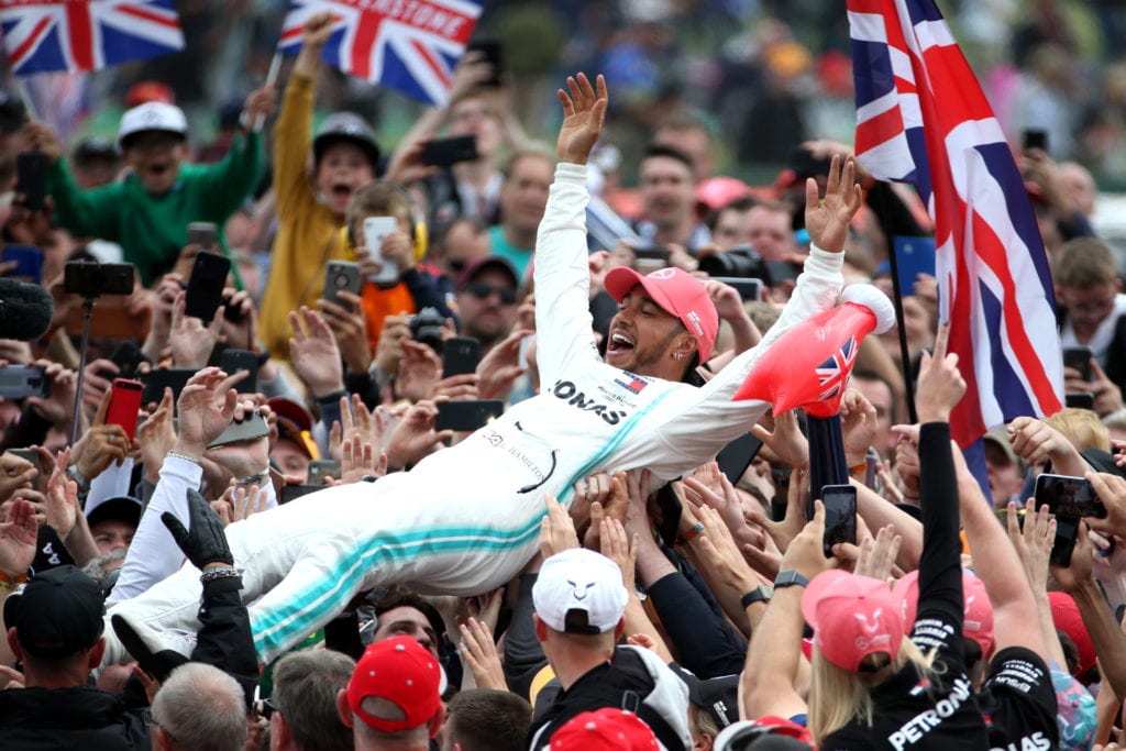 Lewis Hamilton crowd surfing at the 2019 British Grand Prix © XPB Images