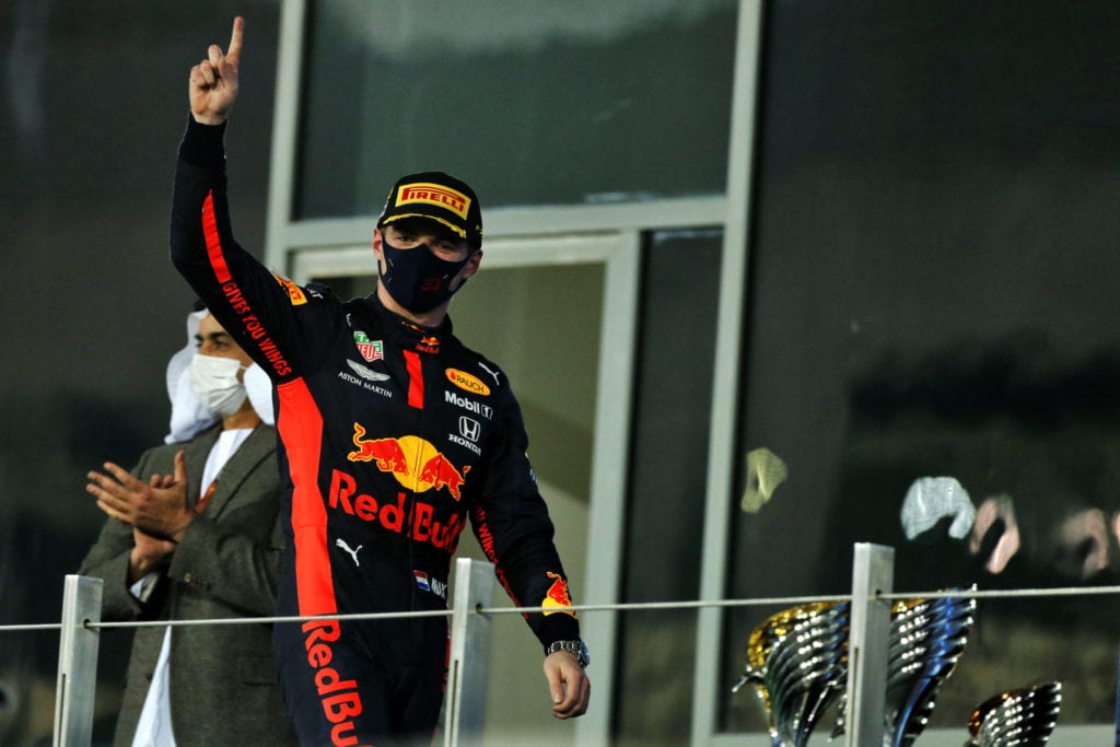 Verstappen celebrates on the podium © XPB Images