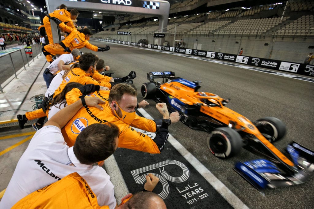 McLaren celebrates as Carlos Sainz finishes the race © XPB Images