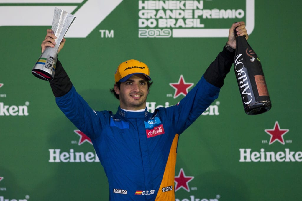 Carlos Sainz Jr claims his first podium at the 2019 Brazilian Grand Prix © XPB Images