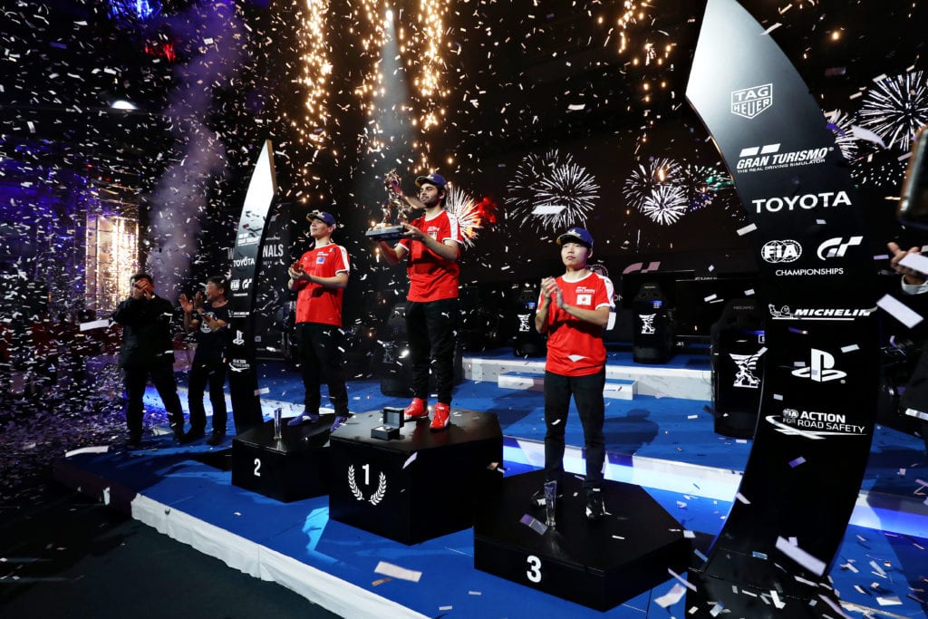 2019 Winner, Mikhail Hizal, celebrate on the podium of the Nations Cup during the Gran Turismo World Tour 2019 Finals held at Monte-Carlo Sporting on November 24, 2019 in Monte-Carlo, Monaco © Gran Turismo