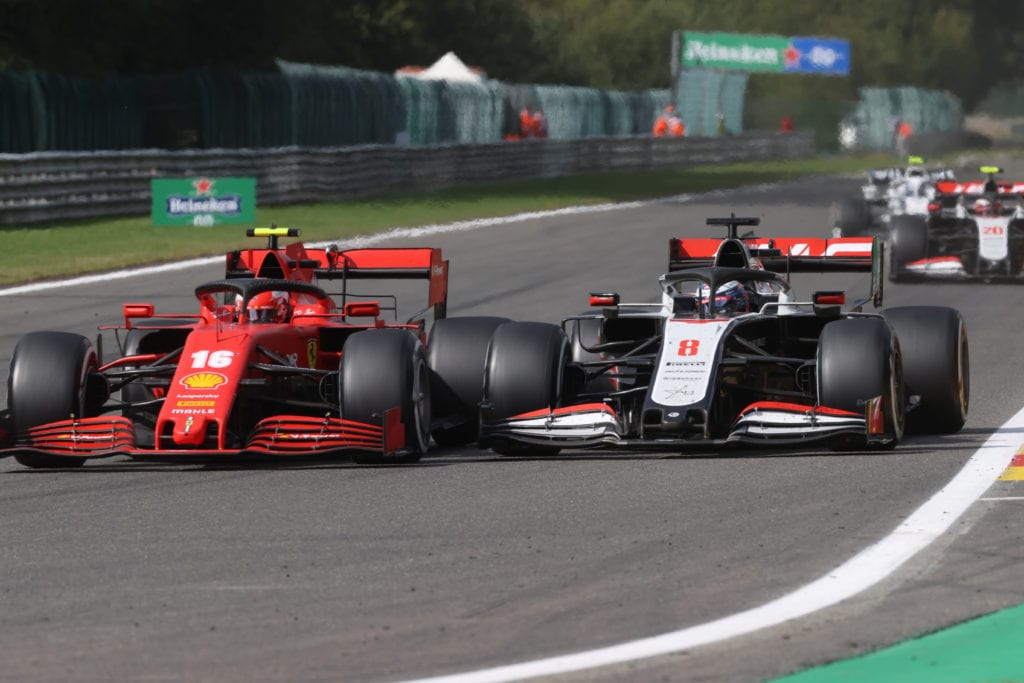 Charles Leclerc and Romain Grosjean at the 2020 Belgian Grand Prix © XPB Images