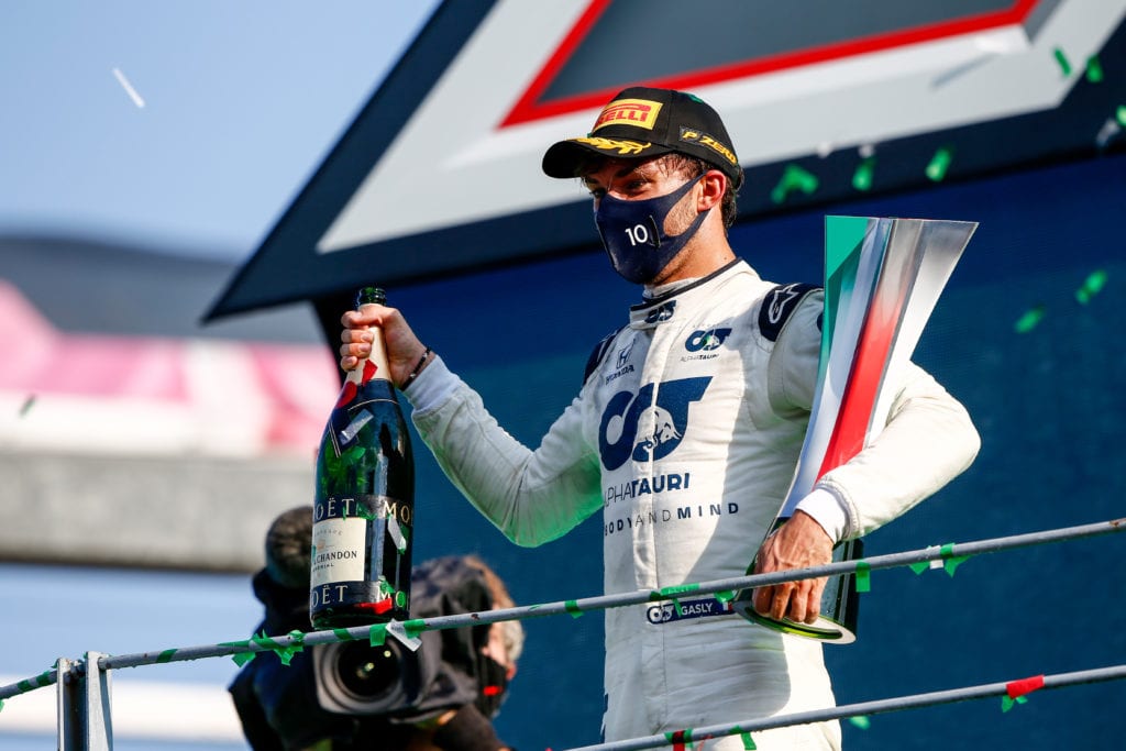 Race winner Pierre Gasly celebrates on the podium. © XPB Images