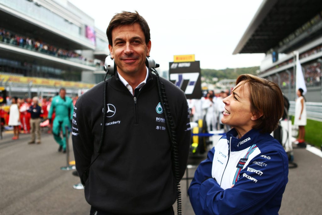 Toto Wolff pictured with Former Williams Deputy Team Principal Claire Williams on the grid at the 2015 Russian Grand Prix © XPB Images