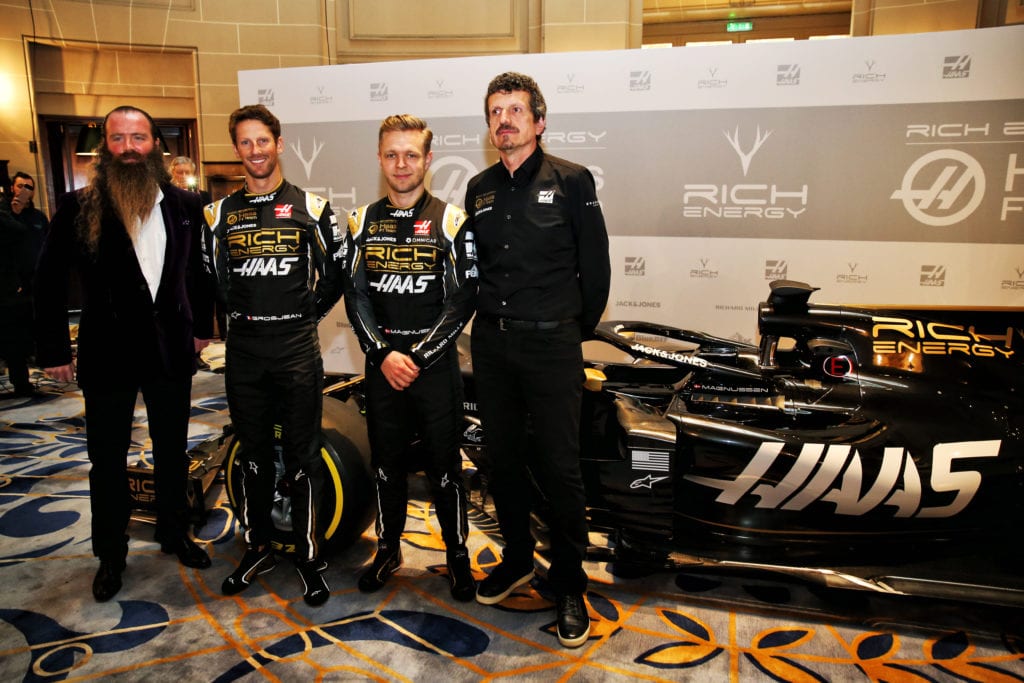 (L to R): William Storey, Romain Grosjean, Kevin Magnussen and Guenther Steiner © XPB Images